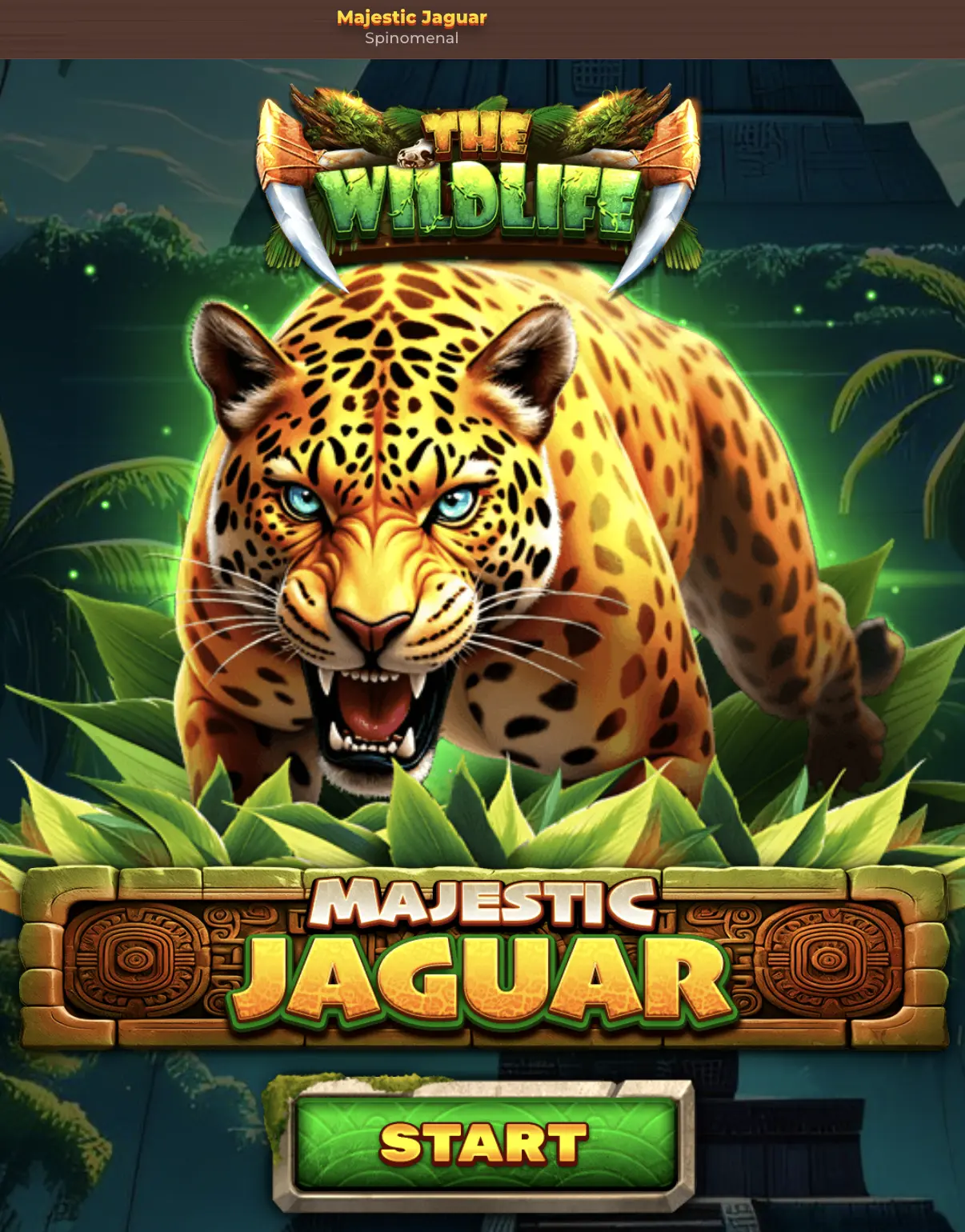 Divji jaguar v igri Majestic Jaguar s svetlečimi zelenimi očmi, logotip igre The Wildlife in gumb za začetek